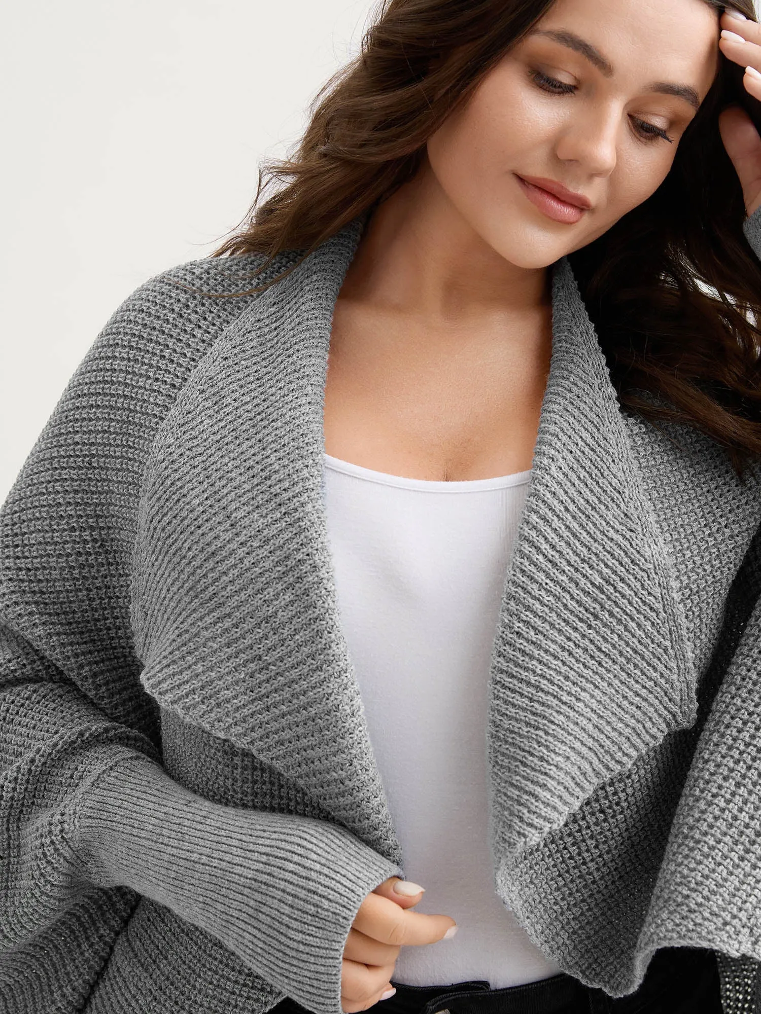 Folded Collar Textured Open-Front Knit Cardigan sold by Bloomchic product image thumbnail 2