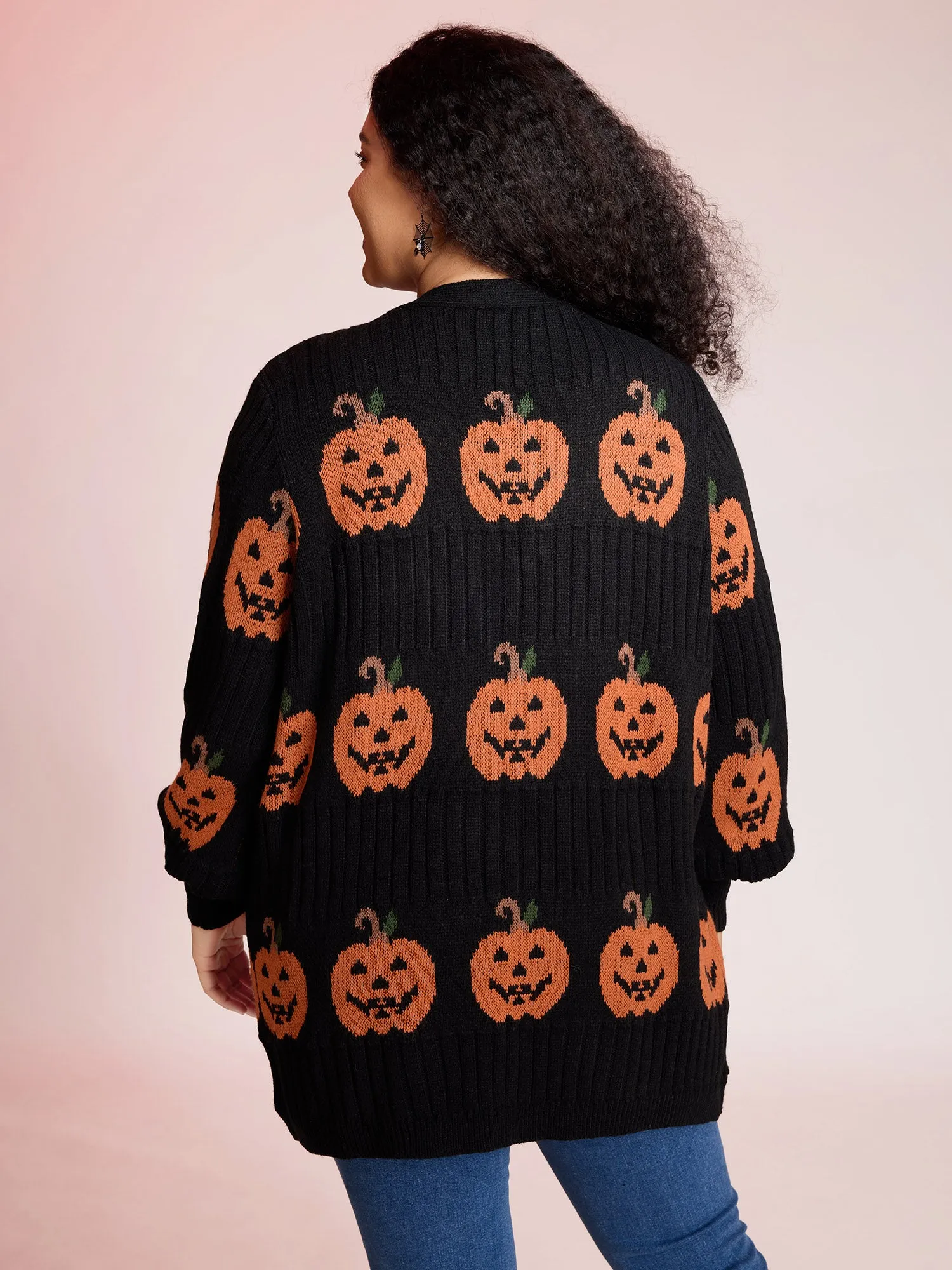 Haunted Pumpkin Print Curvy Hem Knit Cardigan sold by Bloomchic product image thumbnail 4