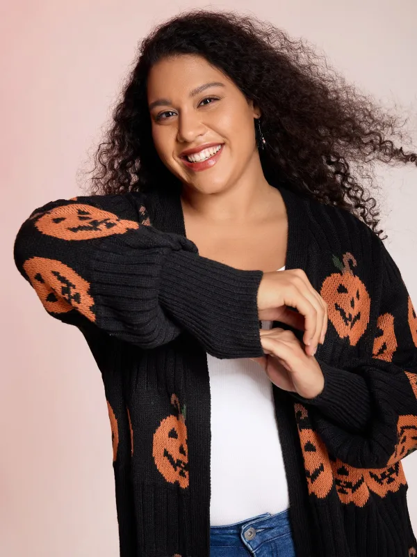 Haunted Pumpkin Print Curvy Hem Knit Cardigan sold by Bloomchic