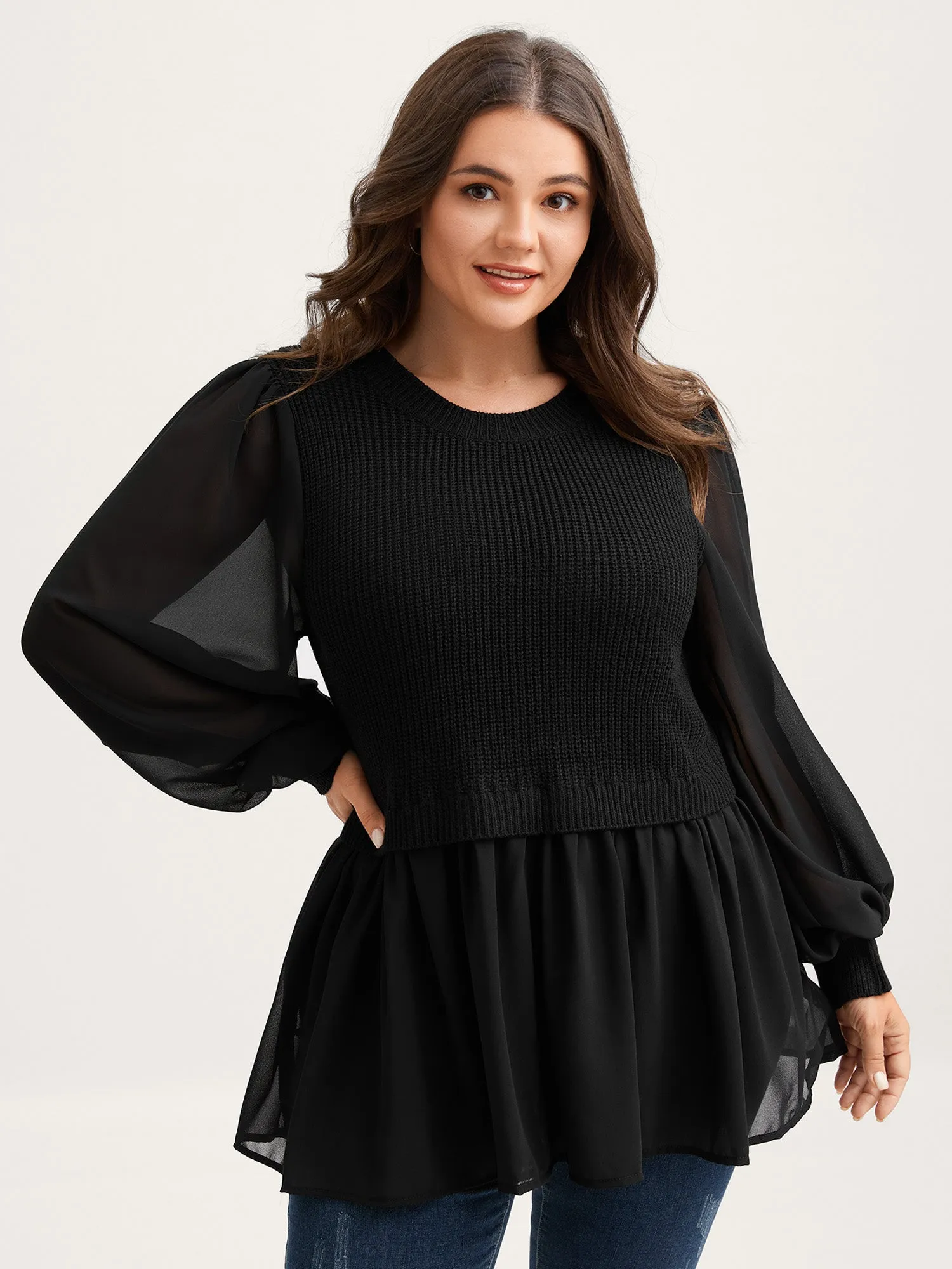 Balloon Sleeve Solid Twofer Sweater sold by Bloomchic