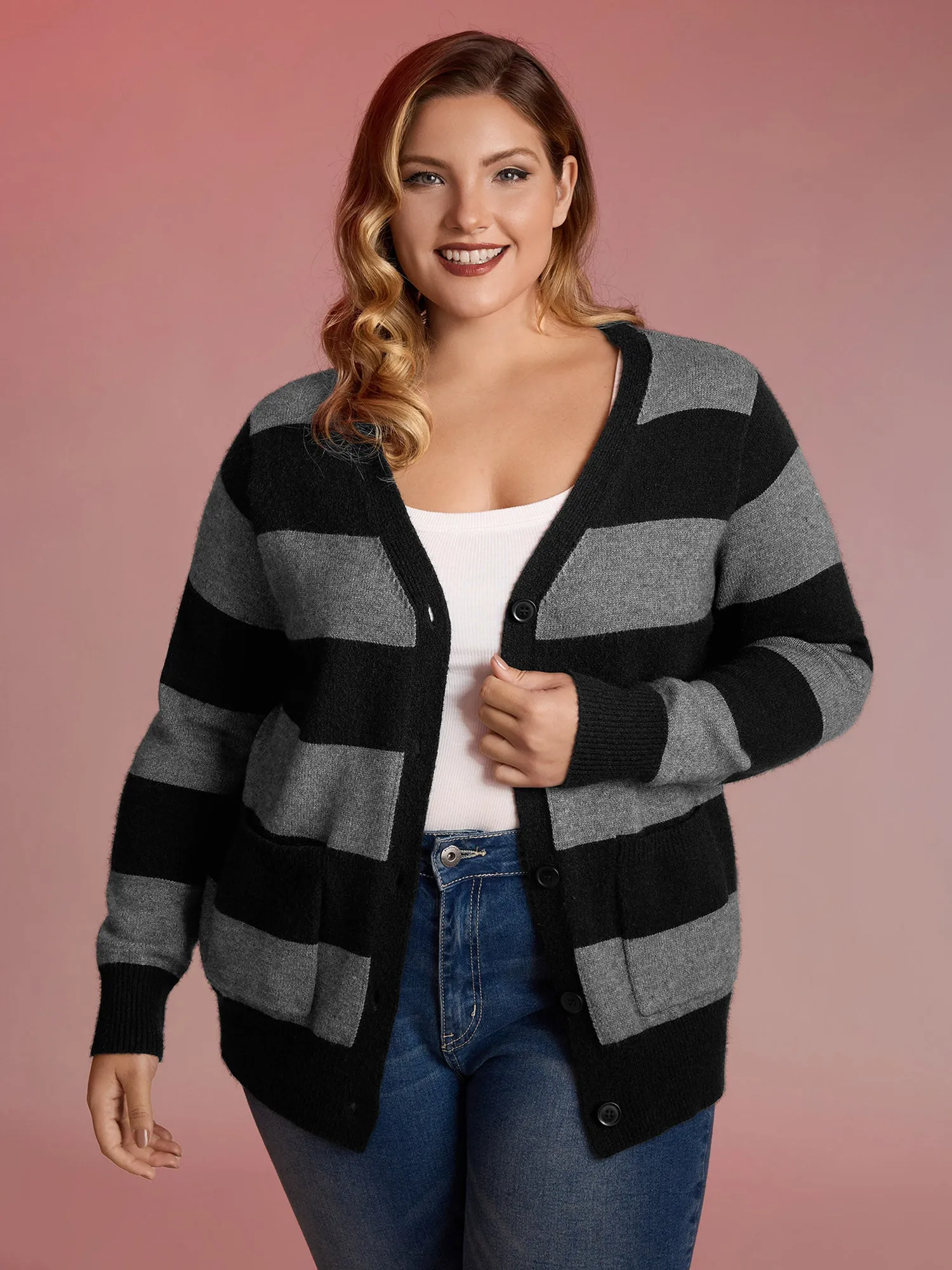 Supersoft Colorblock Button-Down Knit Cardigan sold by Bloomchic