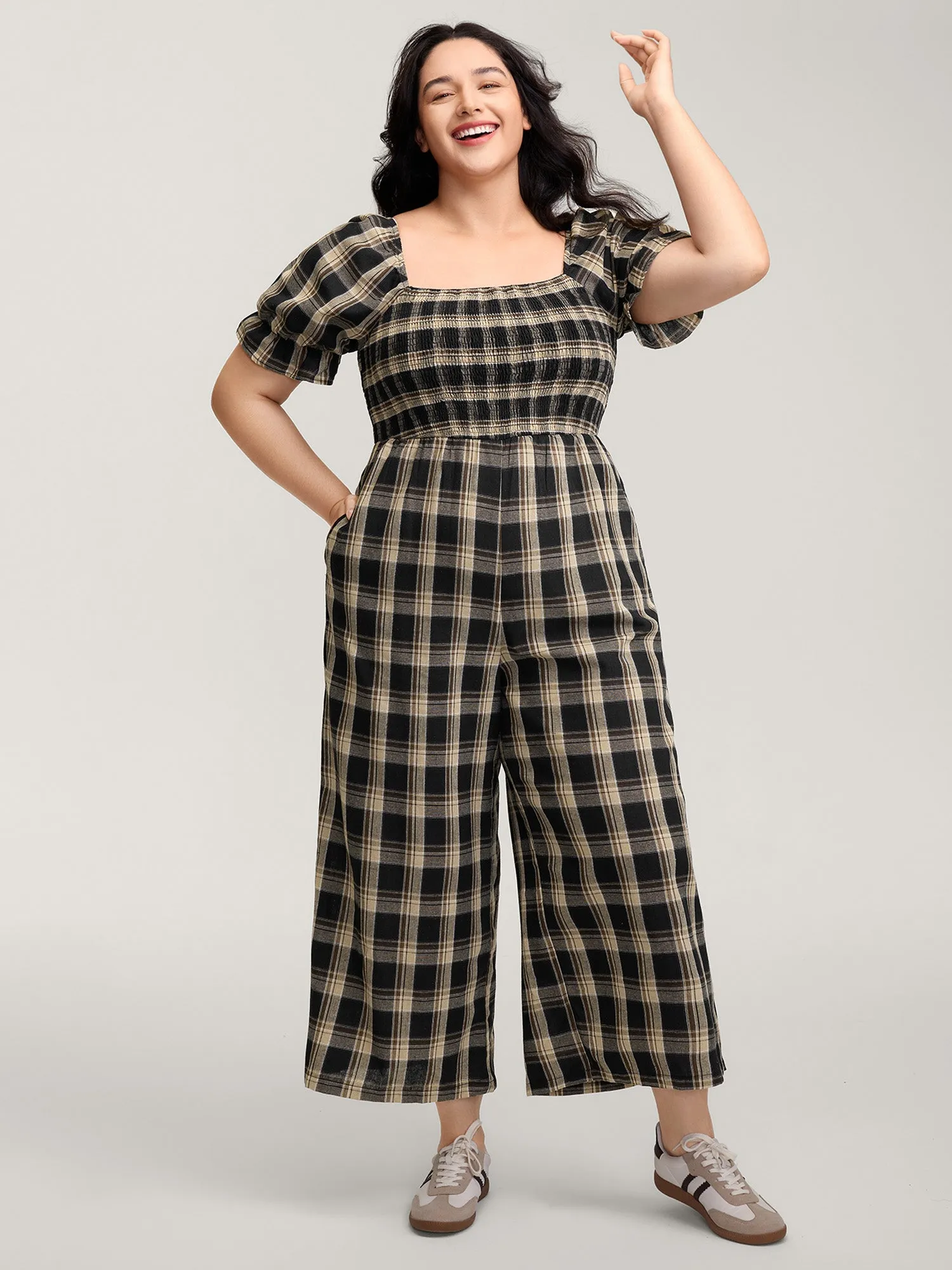 Classic Plaid Print Shirred Bodice Jumpsuit sold by Bloomchic
