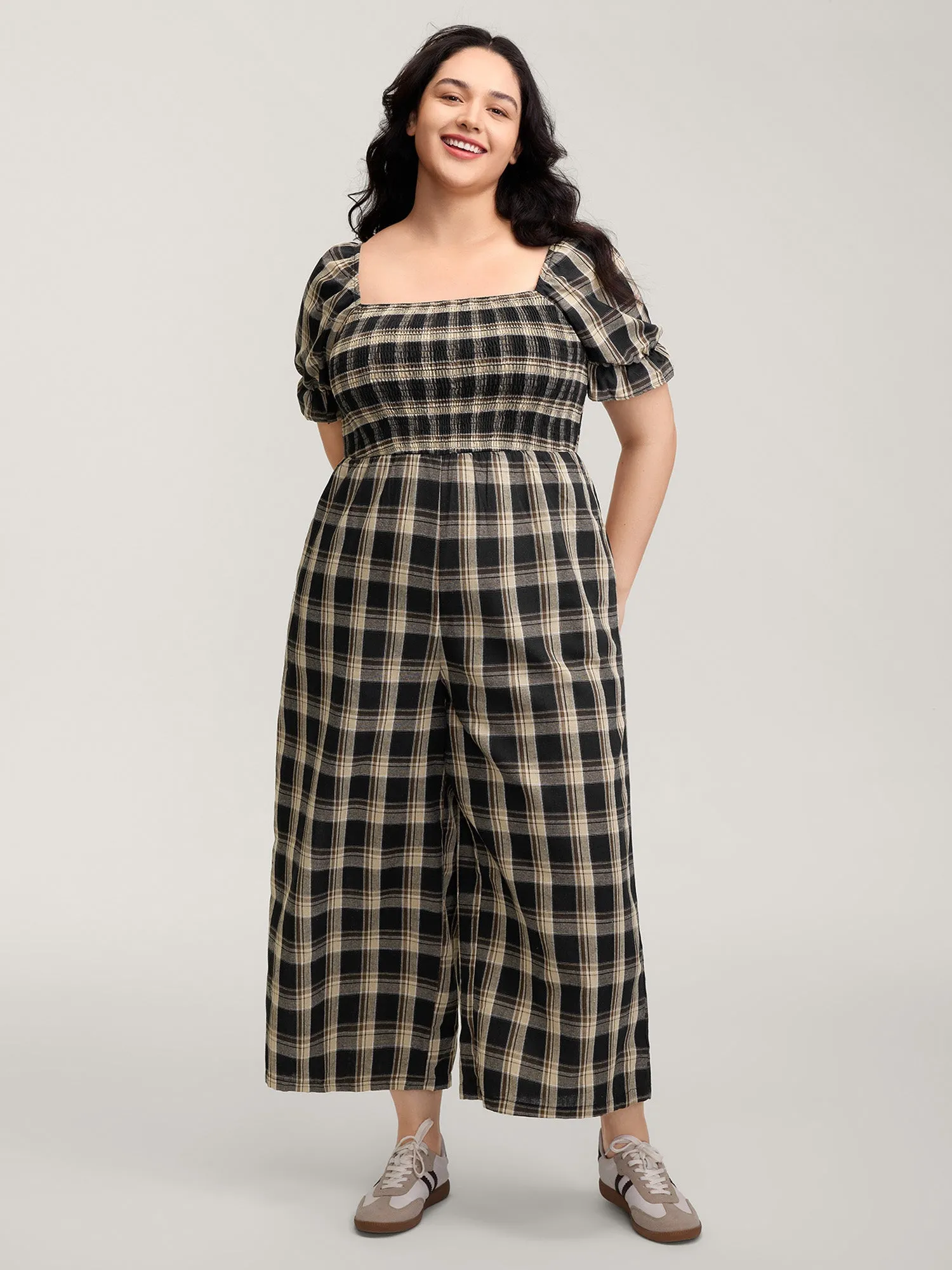 Classic Plaid Print Shirred Bodice Jumpsuit sold by Bloomchic product image thumbnail 3