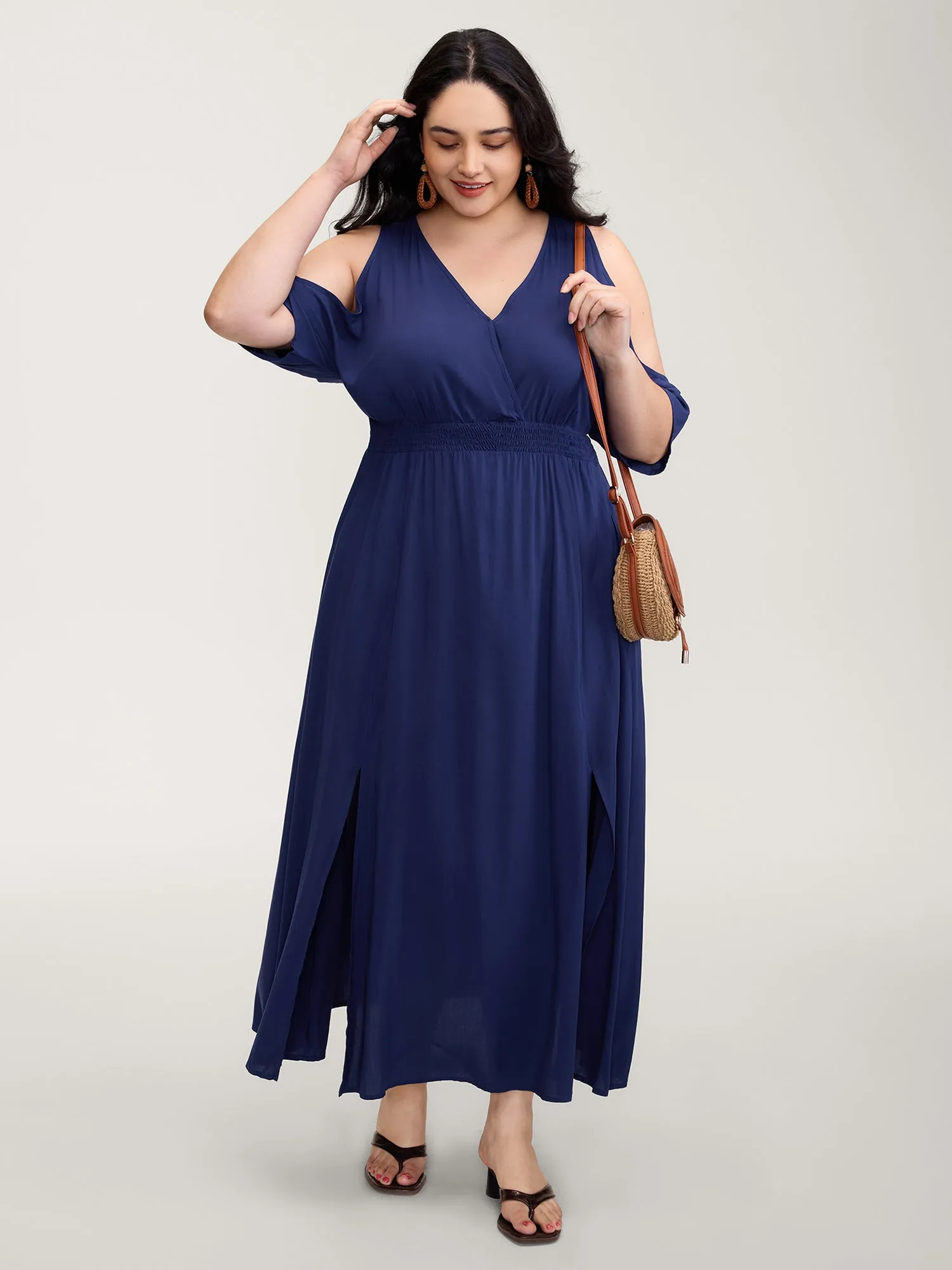 Sleeve Cut-Out Shirred Waist Maxi Dress sold by Bloomchic