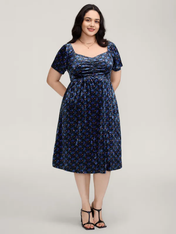 Velvet Floral Gathered Bodice Midi Dress sold by Bloomchic