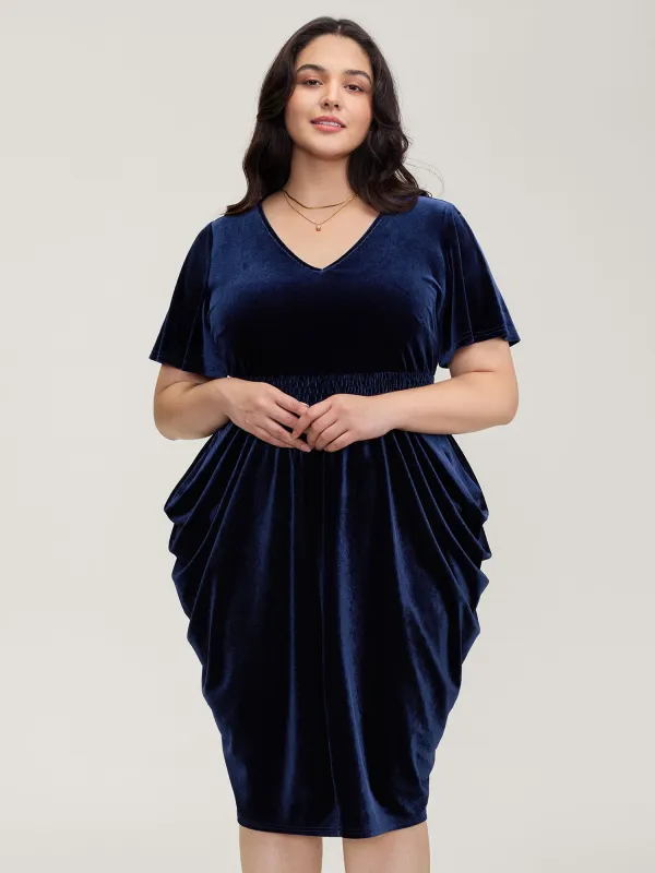 Velvet Shirred Waist Asymmetrical Hem Midi Dress sold by Bloomchic