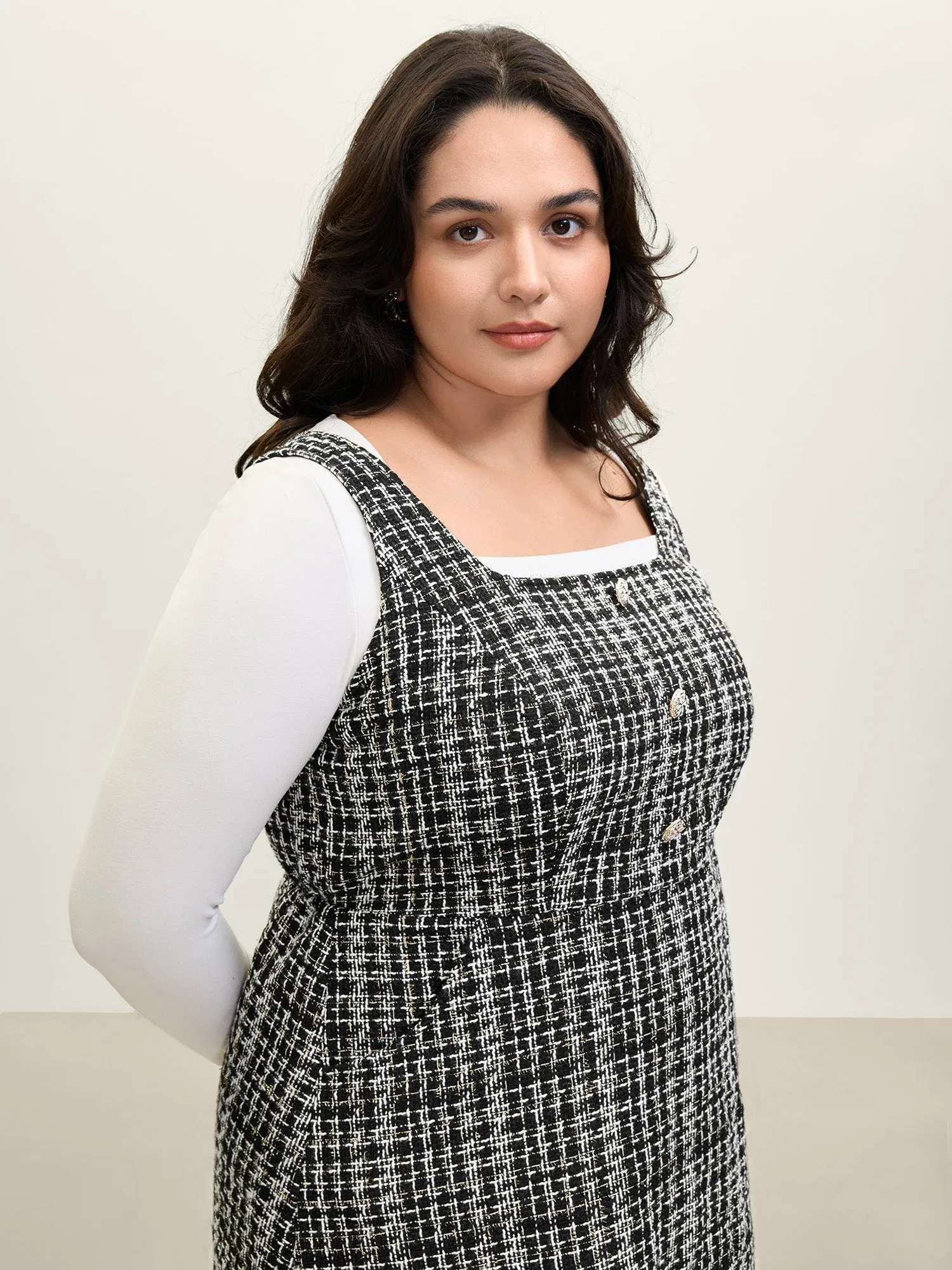 Tweed Woven Pattern Lined Button Midi Dress sold by Bloomchic product image thumbnail 3