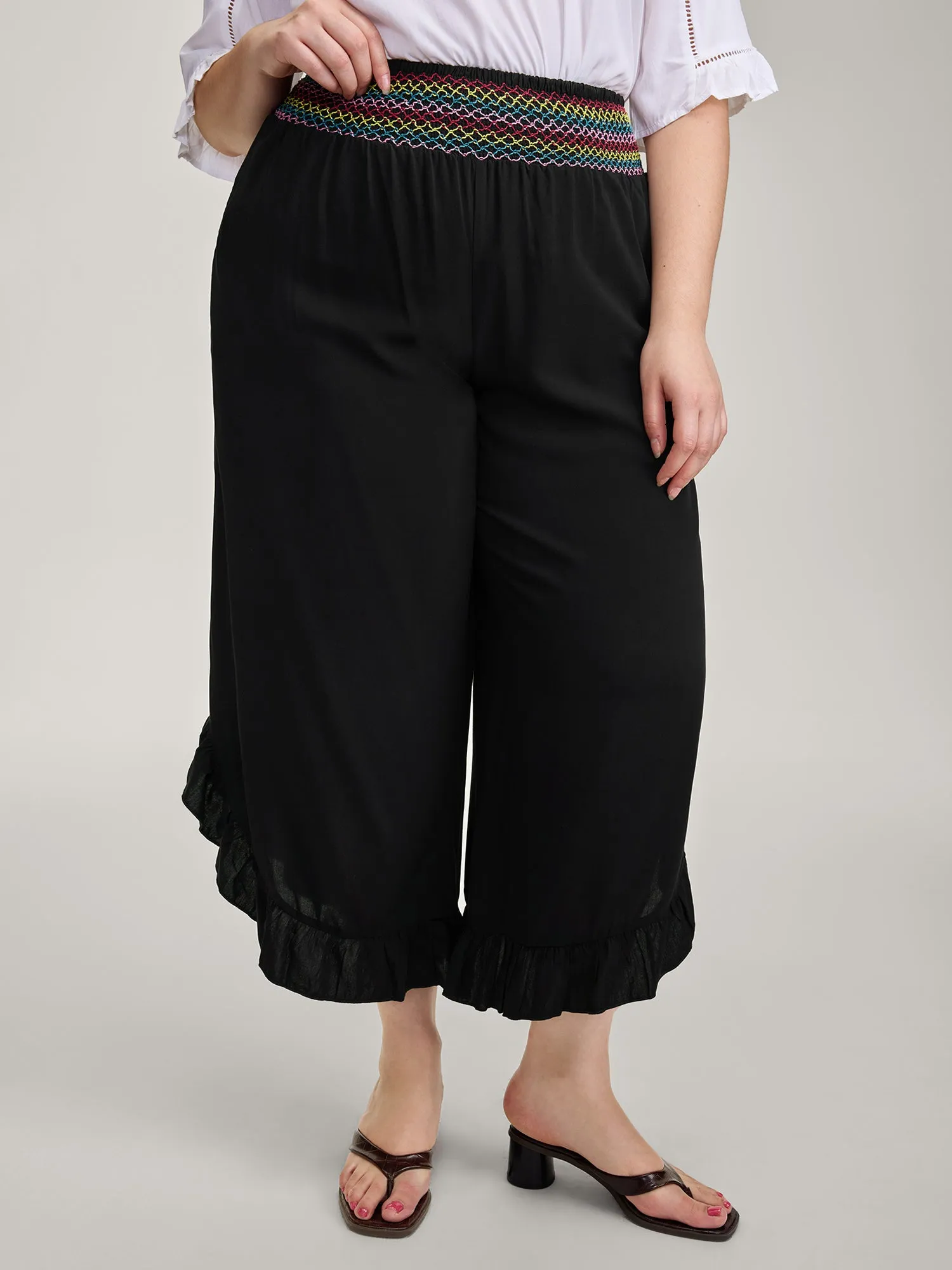 Colorful Shirred Waistband Ruffled Hem Pants sold by Bloomchic