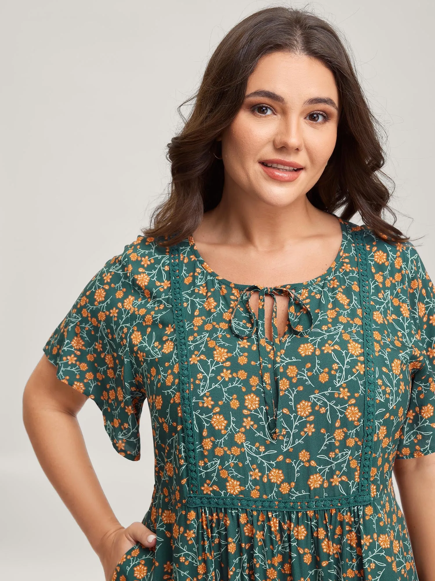 Rayon Floral Print Neck Tie Pockets Maxi Dress sold by Bloomchic product image thumbnail 2