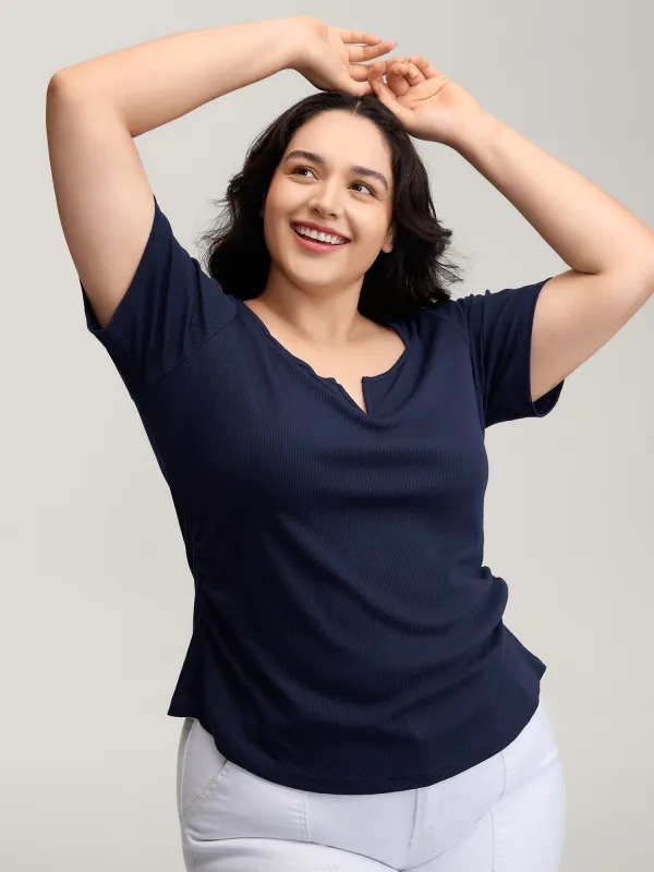 Ribbed High Stretch Split Neck T-Shirt sold by Bloomchic