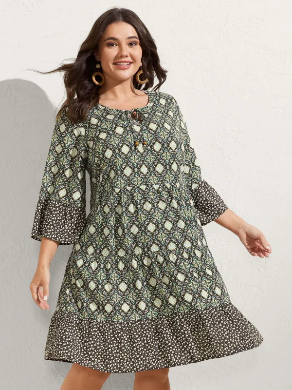 Geometric Print Flared Sleeve Tiered Midi Dress sold by Bloomchic