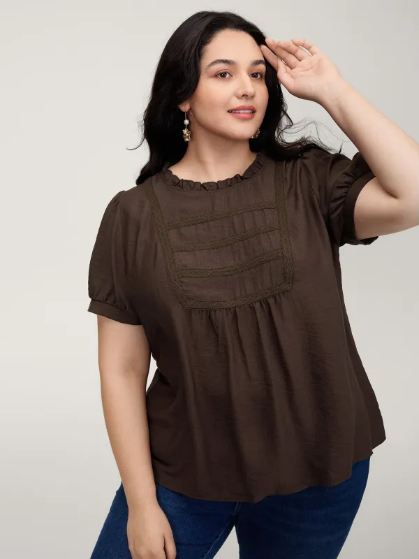 Lace Trim Ruffled Neck Solid Blouse sold by Bloomchic