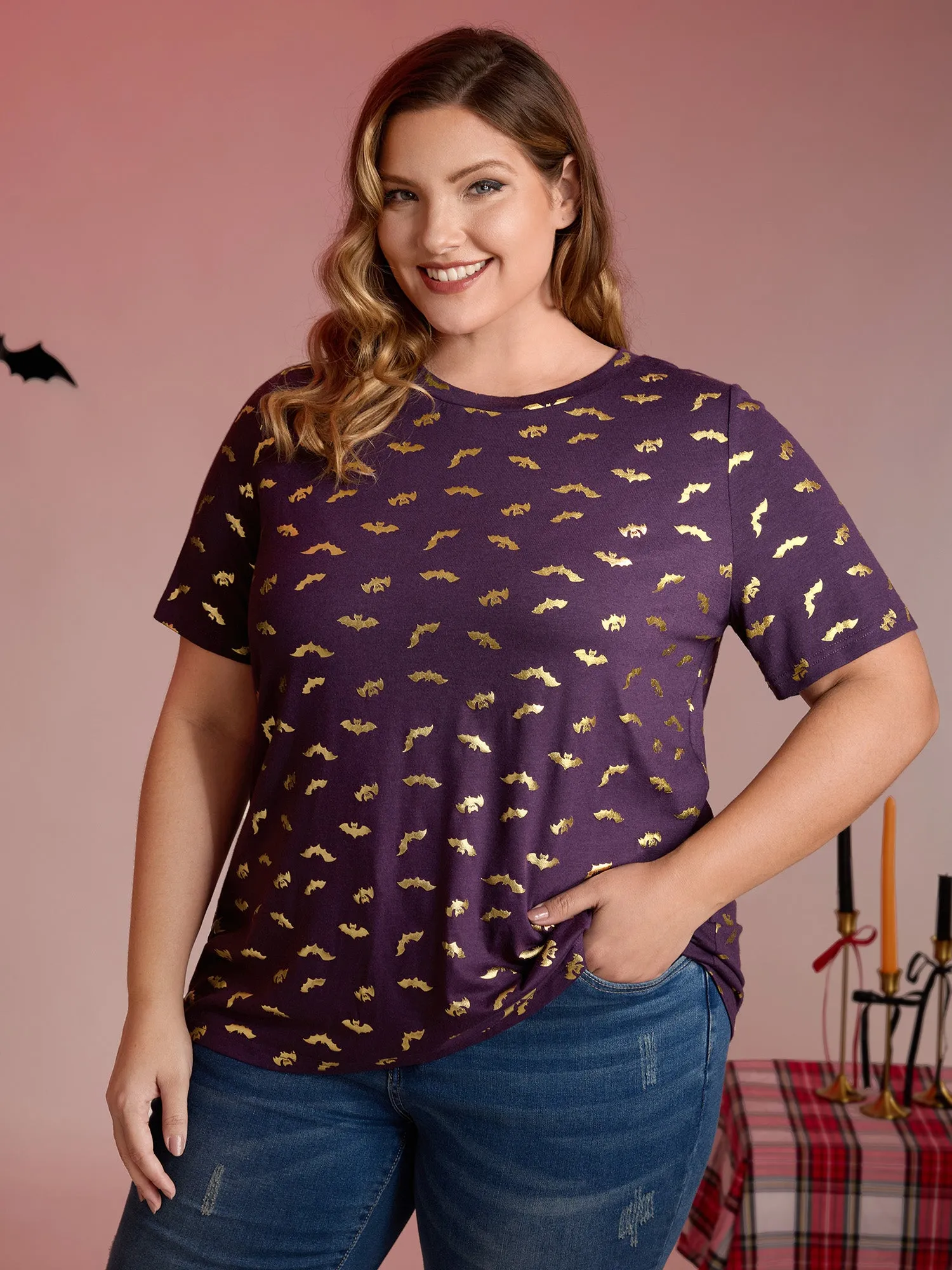 Shimmery Gold Bat Print Crewneck T-Shirt sold by Bloomchic product image thumbnail 2