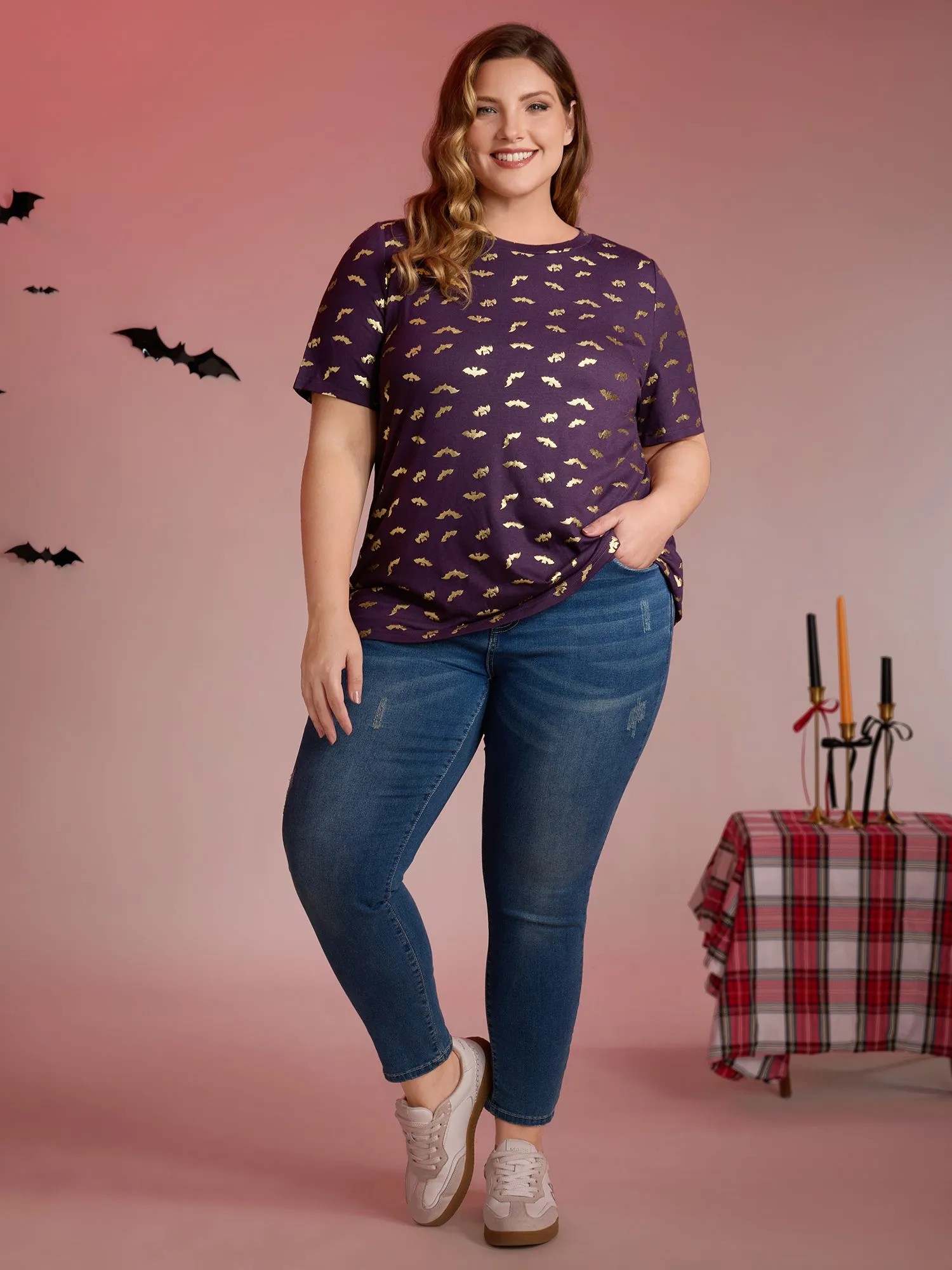 Shimmery Gold Bat Print Crewneck T-Shirt sold by Bloomchic product image thumbnail 3