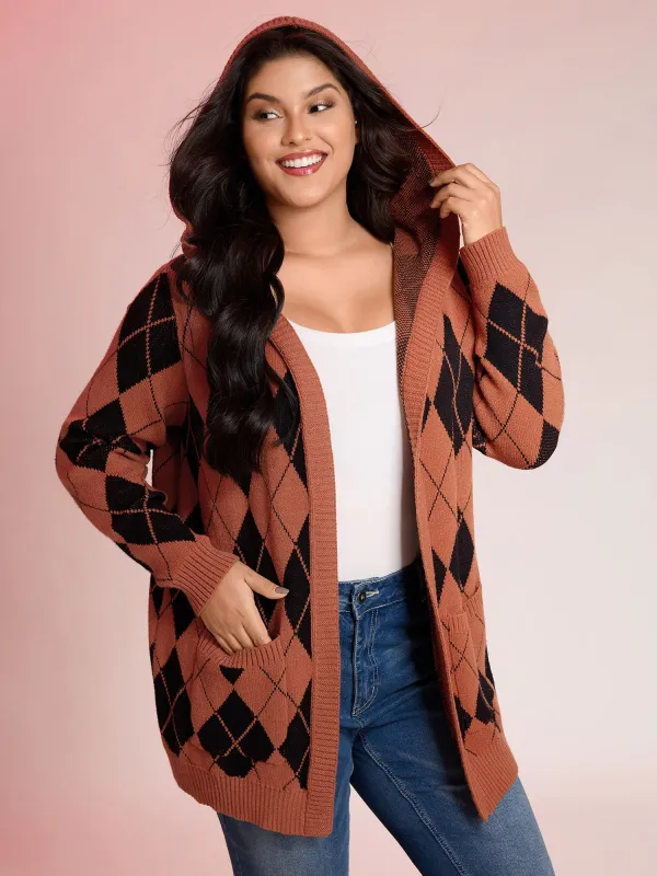 Checkered Jacquard Hooded Pockets Knit Cardigan sold by Bloomchic