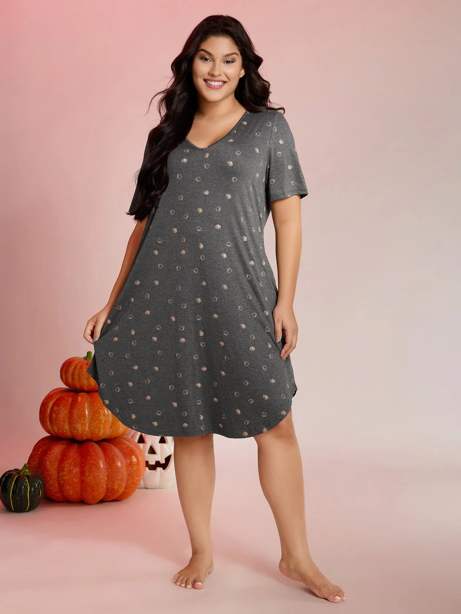 Halloween Print Stretchy V-Neck Lounge Dress sold by Bloomchic product image thumbnail 3