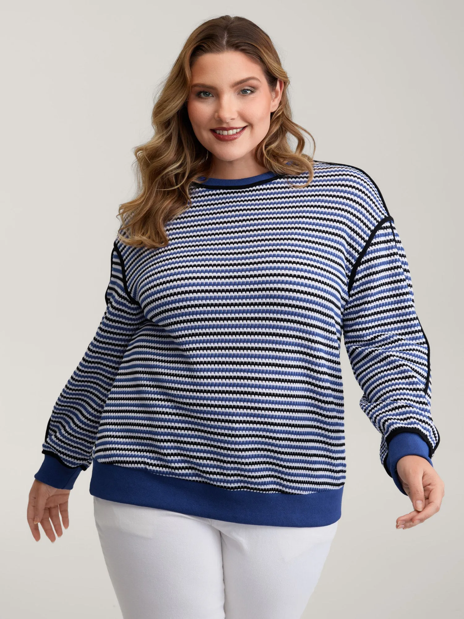 Stripe Print Contrast Edge Drop Shoulder Sweatshirt sold by Bloomchic product image thumbnail 2