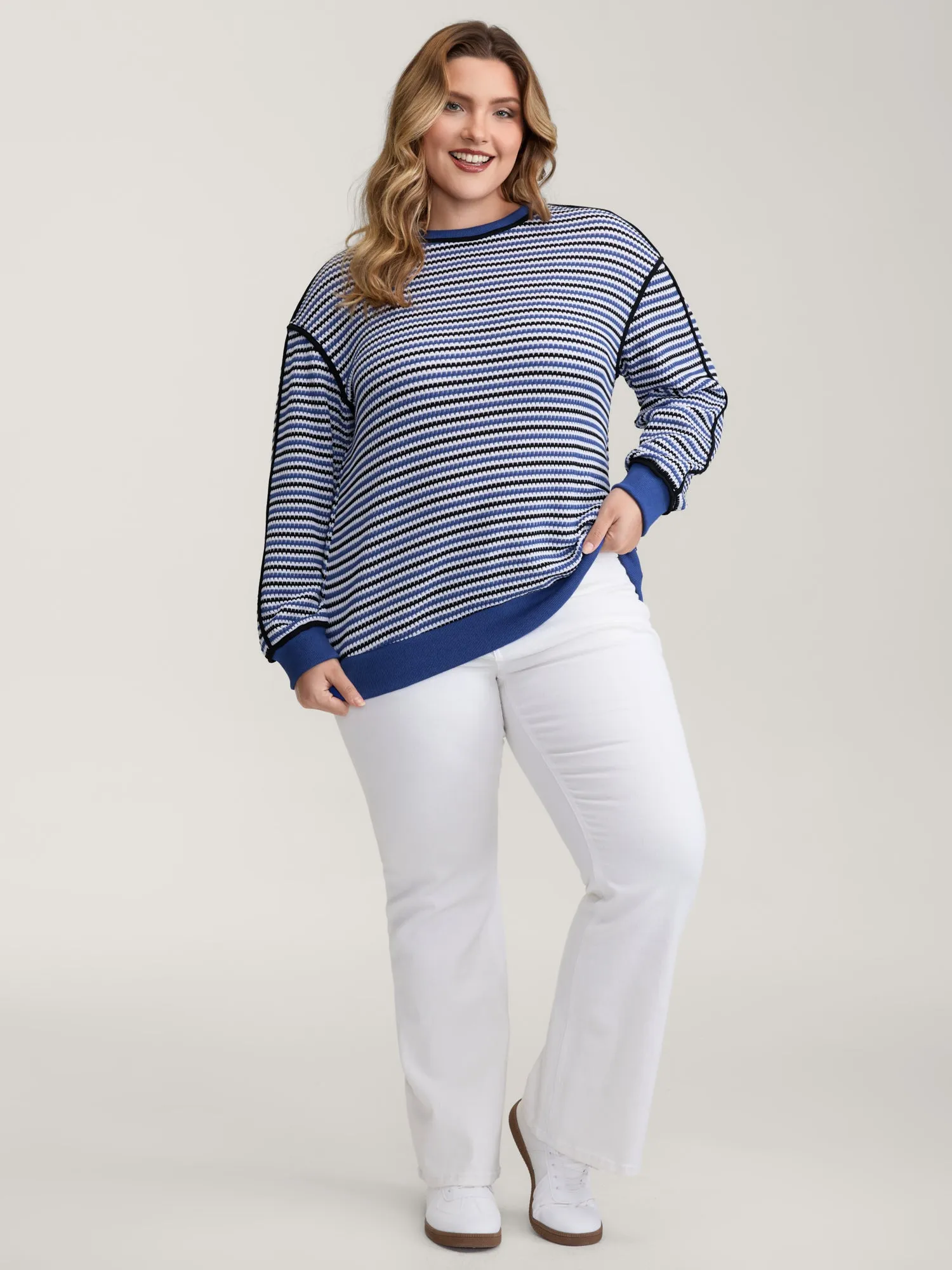 Stripe Print Contrast Edge Drop Shoulder Sweatshirt sold by Bloomchic product image thumbnail 3