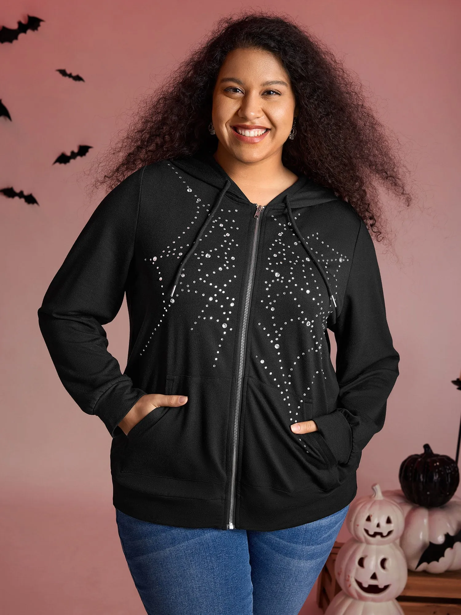 Shimmery Rhinestone Sequin Spiderweb Zipper Hoodie sold by Bloomchic product image thumbnail 5