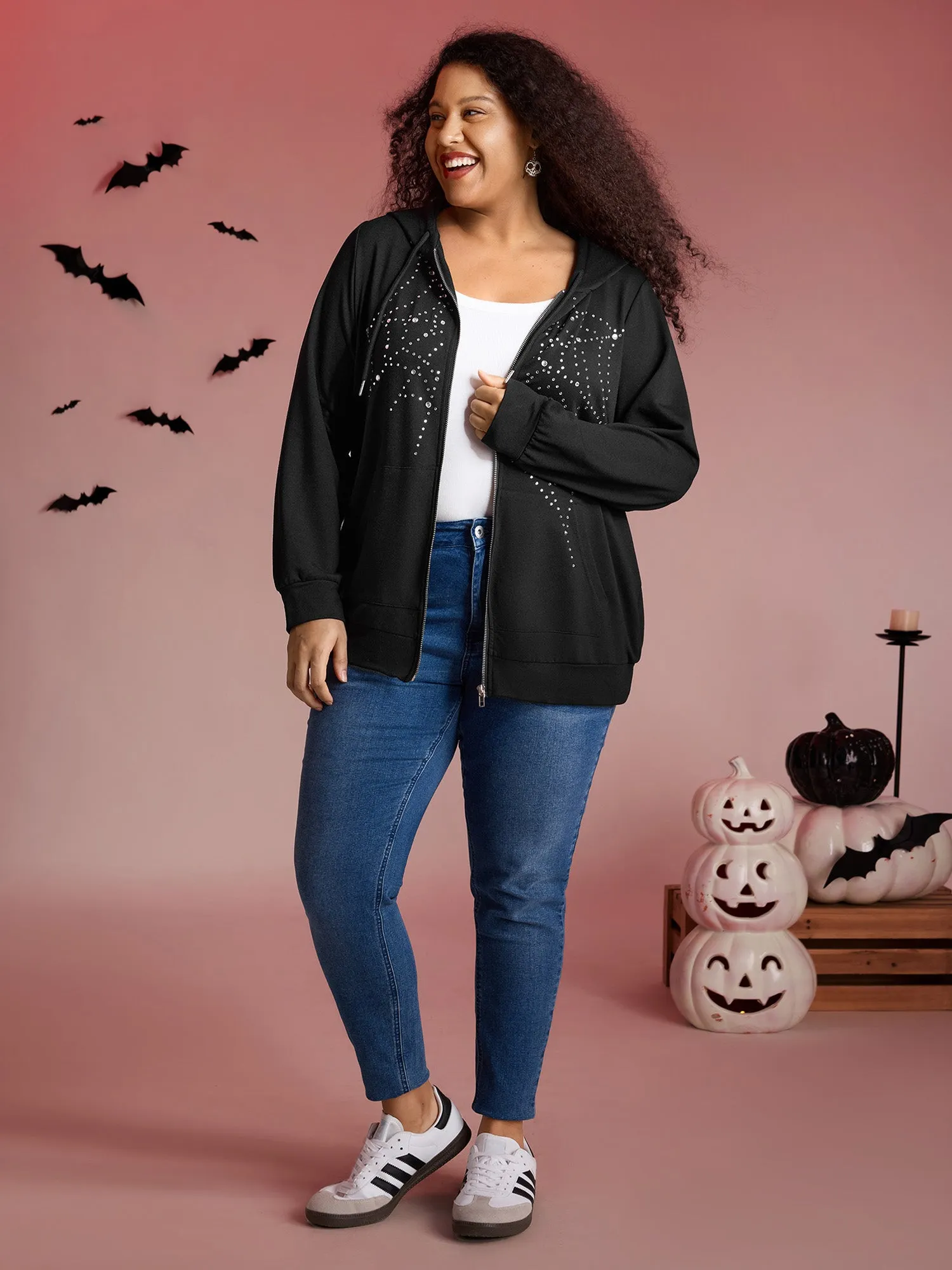 Shimmery Rhinestone Sequin Spiderweb Zipper Hoodie sold by Bloomchic product image thumbnail 3