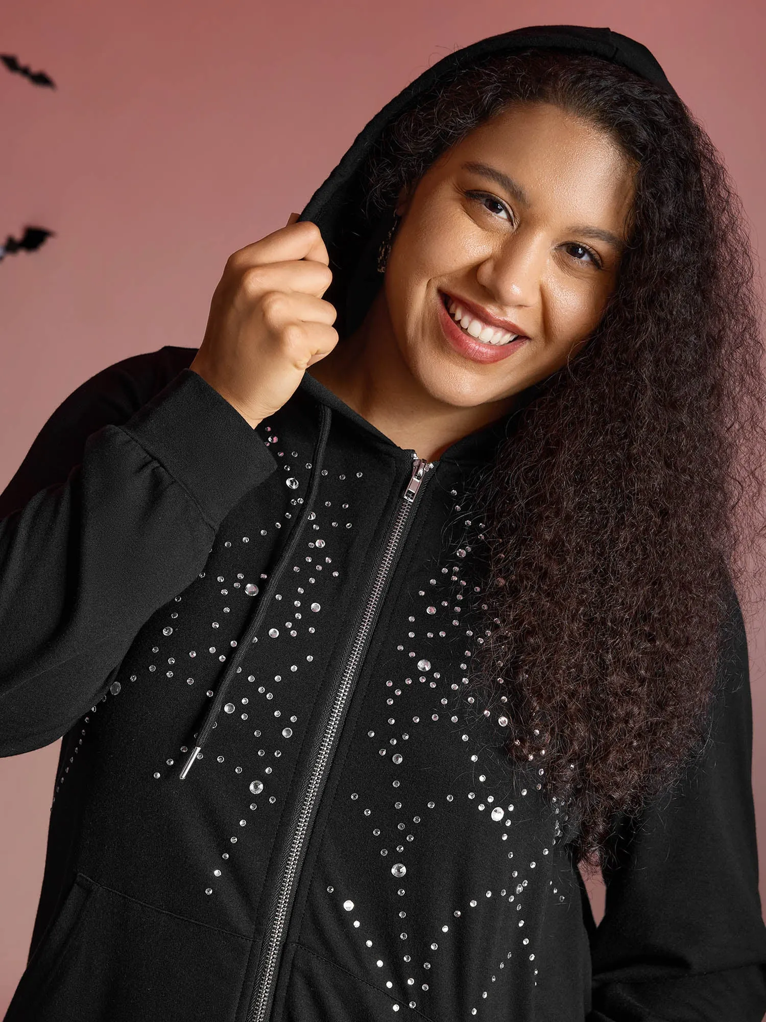 Shimmery Rhinestone Sequin Spiderweb Zipper Hoodie sold by Bloomchic product image thumbnail 2