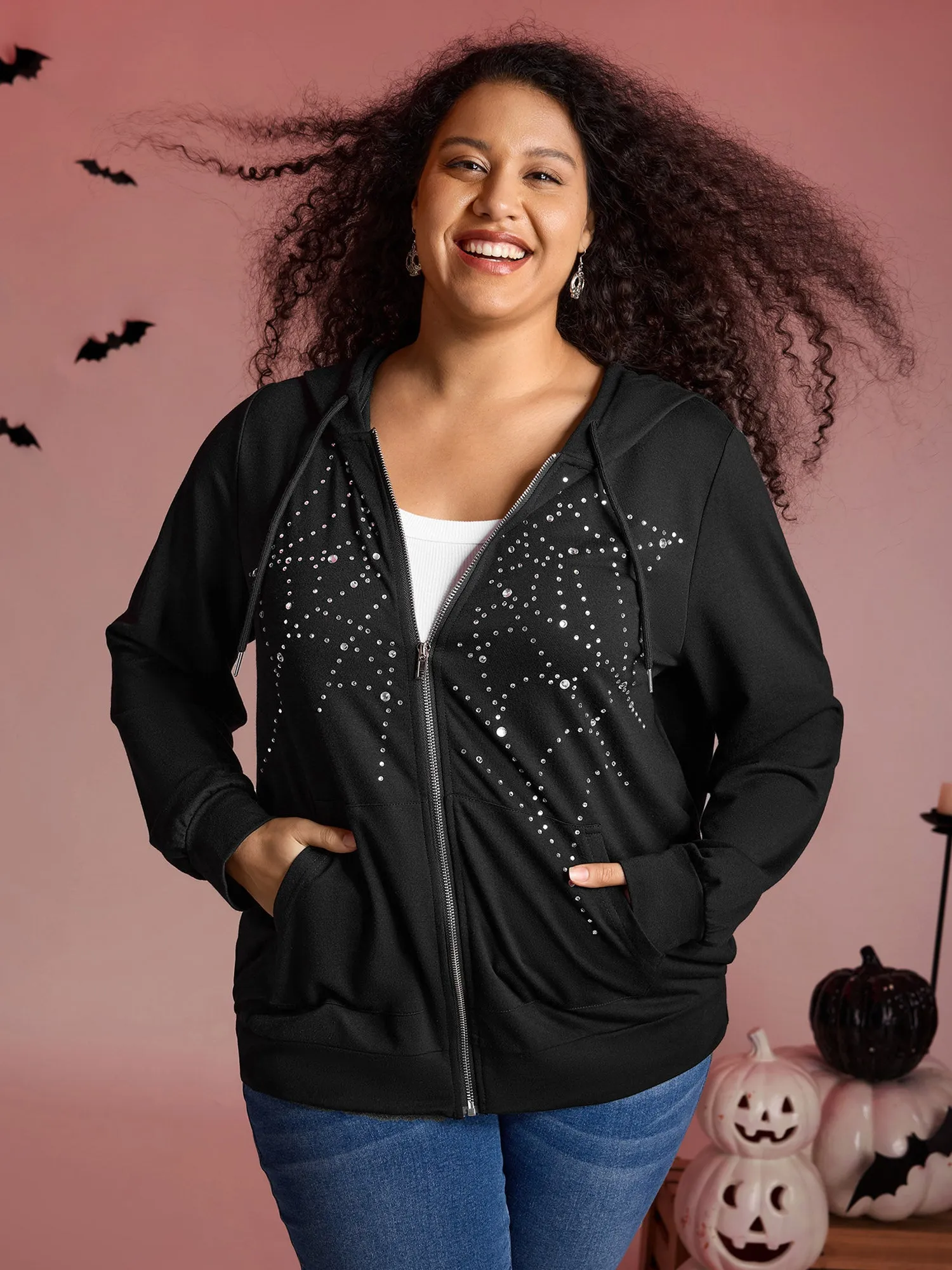 Shimmery Rhinestone Sequin Spiderweb Zipper Hoodie sold by Bloomchic product image thumbnail 4