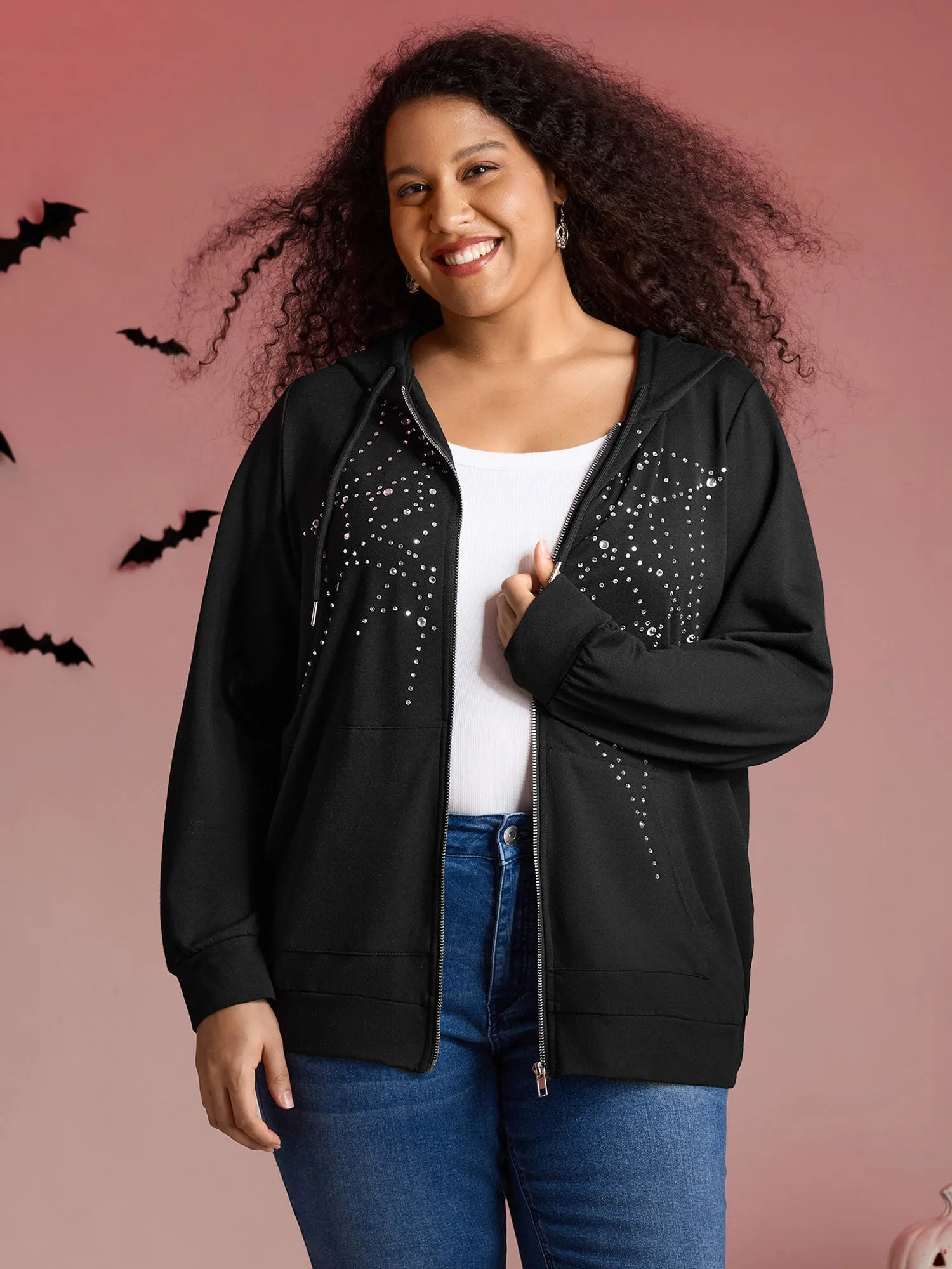 Shimmery Rhinestone Sequin Spiderweb Zipper Hoodie sold by Bloomchic