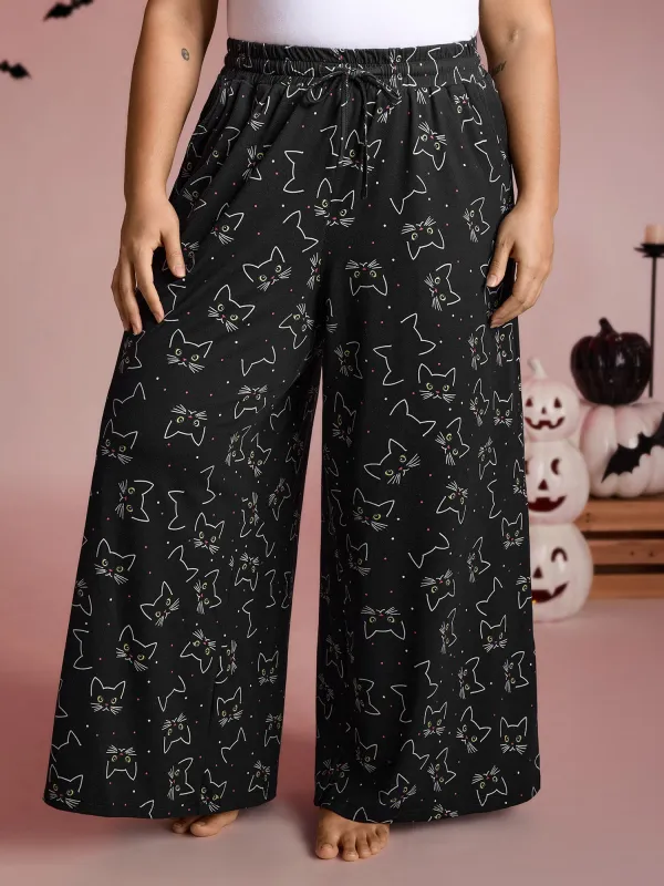 Meow Halloween Print Wide-Leg Lounge Pants sold by Bloomchic