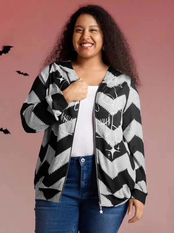 Wavy Stripe Skull Embroidery Zipper Hoodie sold by Bloomchic