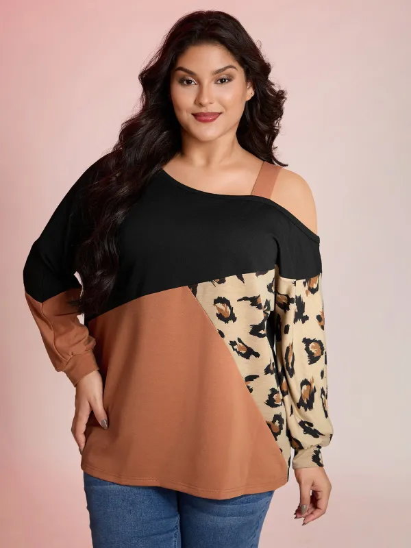 Leopard Print Colorblock One-Shoulder Sweatshirt sold by Bloomchic