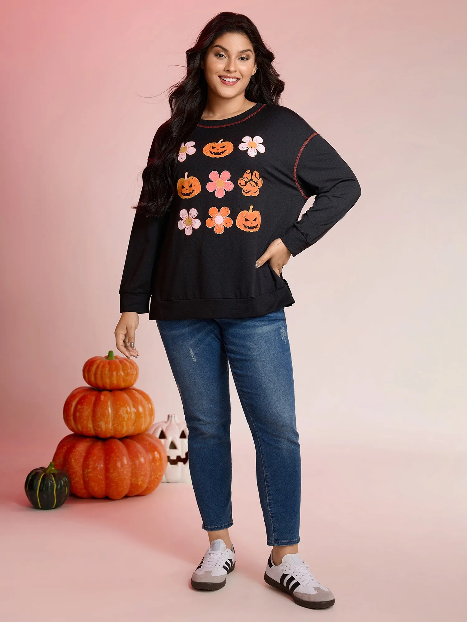 Pumpkin Halloween Print Drop Shoulder Sweatshirt sold by Bloomchic product image thumbnail 3
