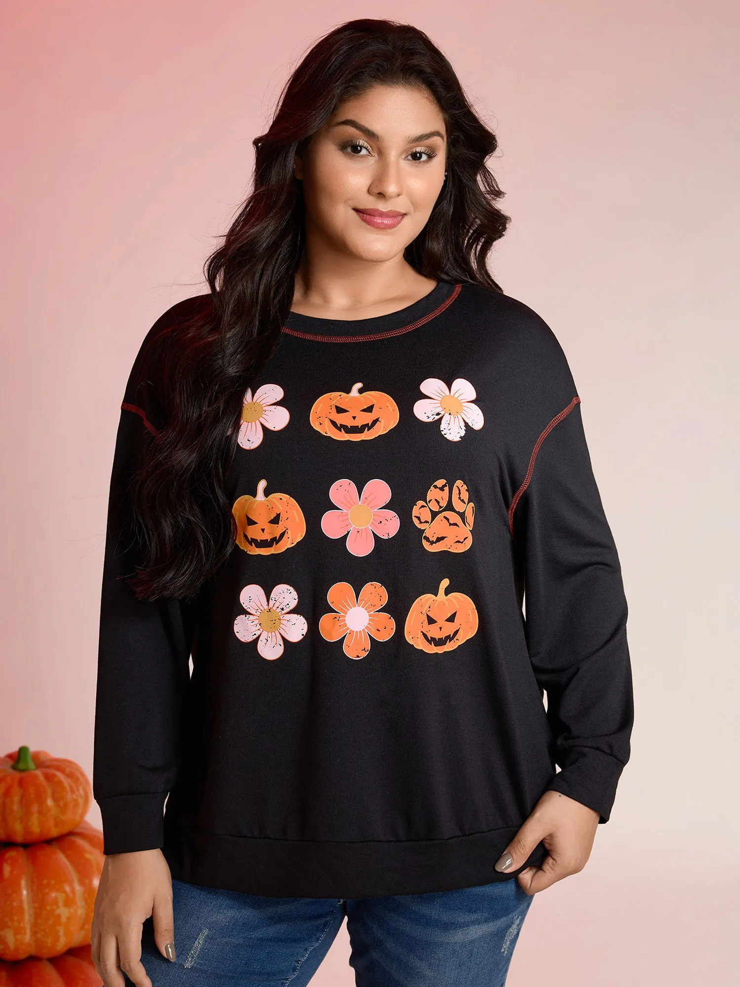 Pumpkin Halloween Print Drop Shoulder Sweatshirt sold by Bloomchic product image thumbnail 2