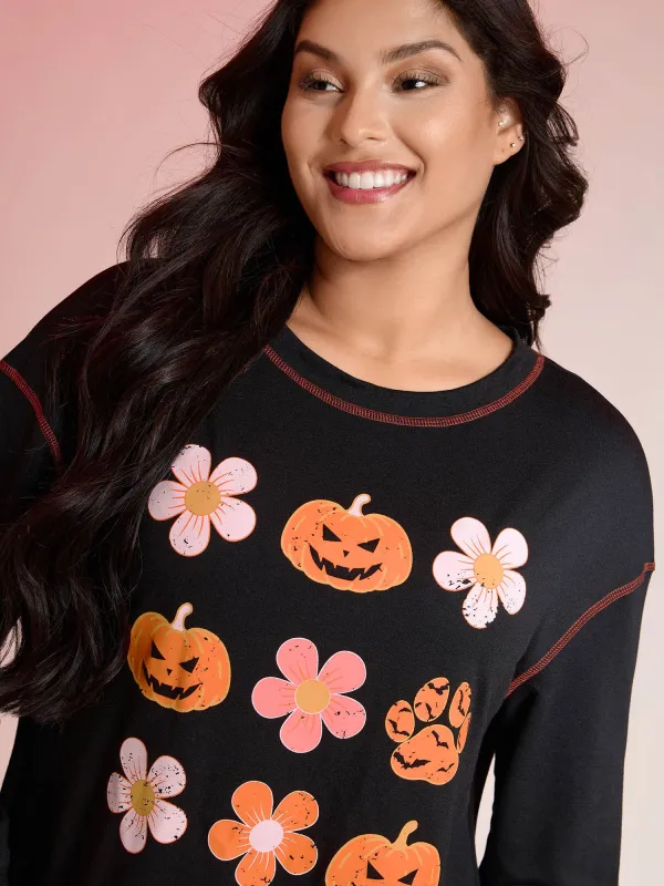 Pumpkin Halloween Print Drop Shoulder Sweatshirt sold by Bloomchic