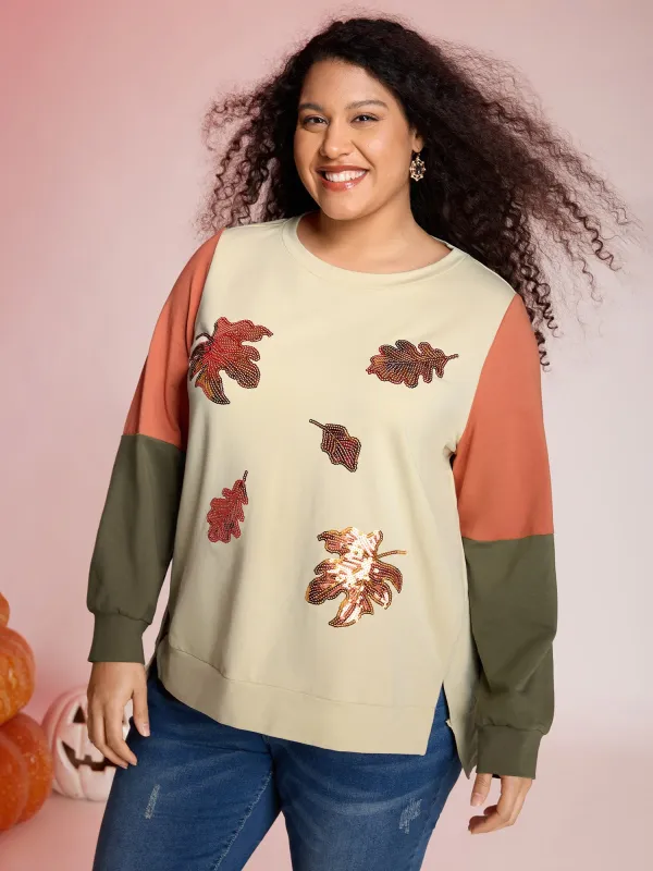 Crisp Leaf Print Sequin Embroidery Sweatshirt sold by Bloomchic