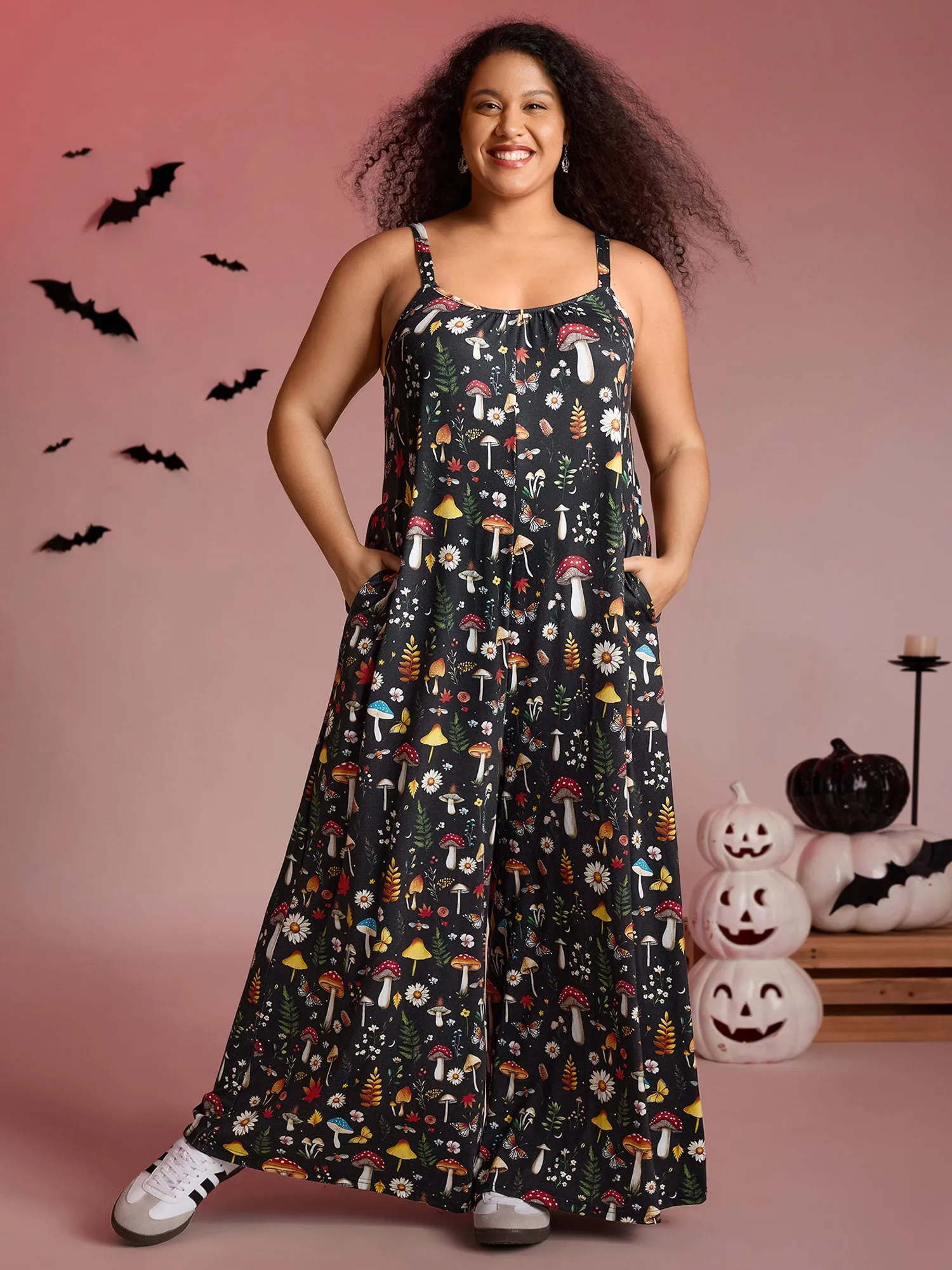 Halloween Mushroom Print Pockets Cami Jumpsuit sold by Bloomchic