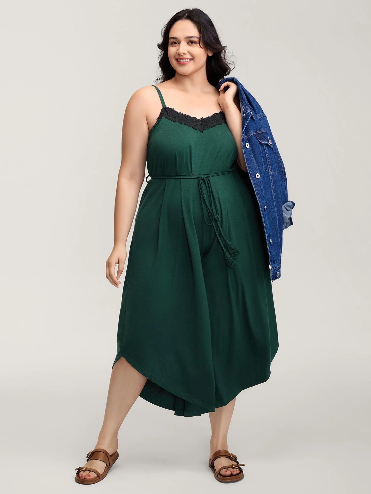 Supersoft Backless Crosstie Asymmetrical Hem Lace Jumpsuit sold by Bloomchic