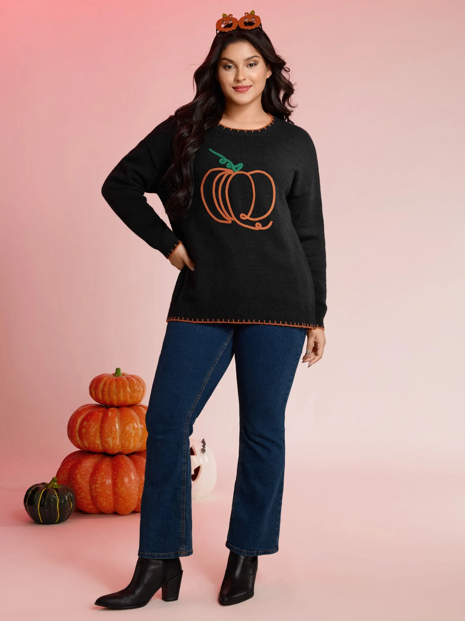 Pumpkin Rope Embroidery Contrast Pullover sold by Bloomchic product image thumbnail 3