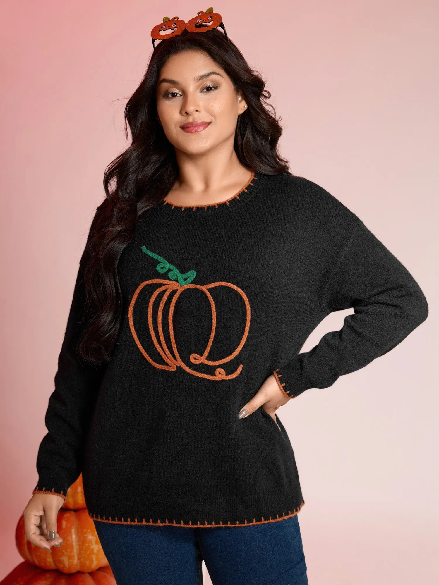 Pumpkin Rope Embroidery Contrast Pullover sold by Bloomchic product image thumbnail 2