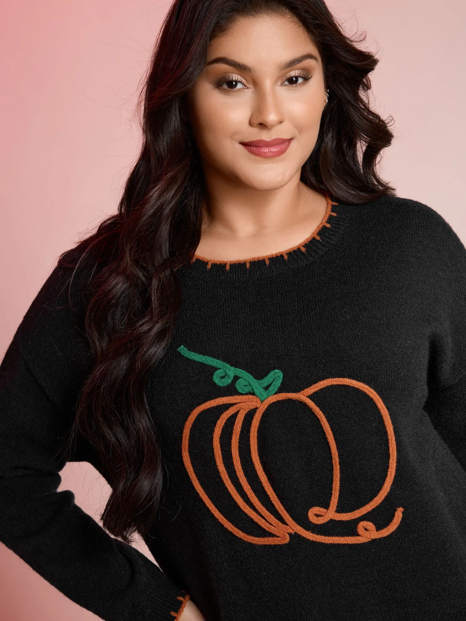 Pumpkin Rope Embroidery Contrast Pullover sold by Bloomchic