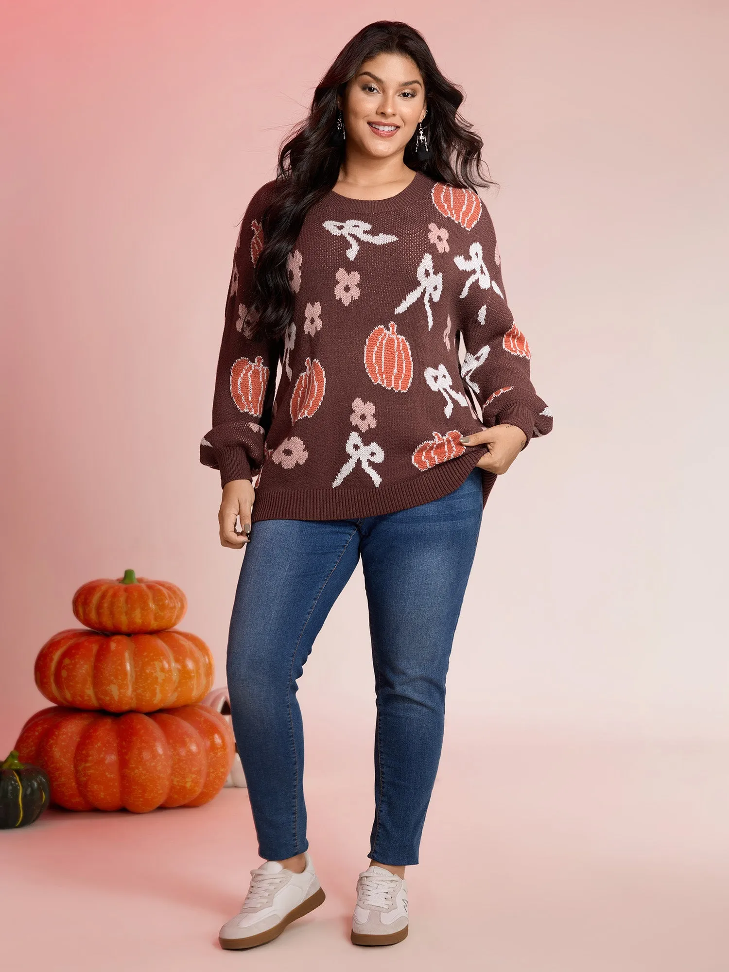 Pumpkin Print Ribbed Hem Pullover sold by Bloomchic product image thumbnail 3