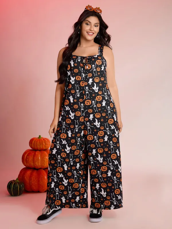 Halloween Skull Print Stretchy Wide-Leg Jumpsuit sold by Bloomchic