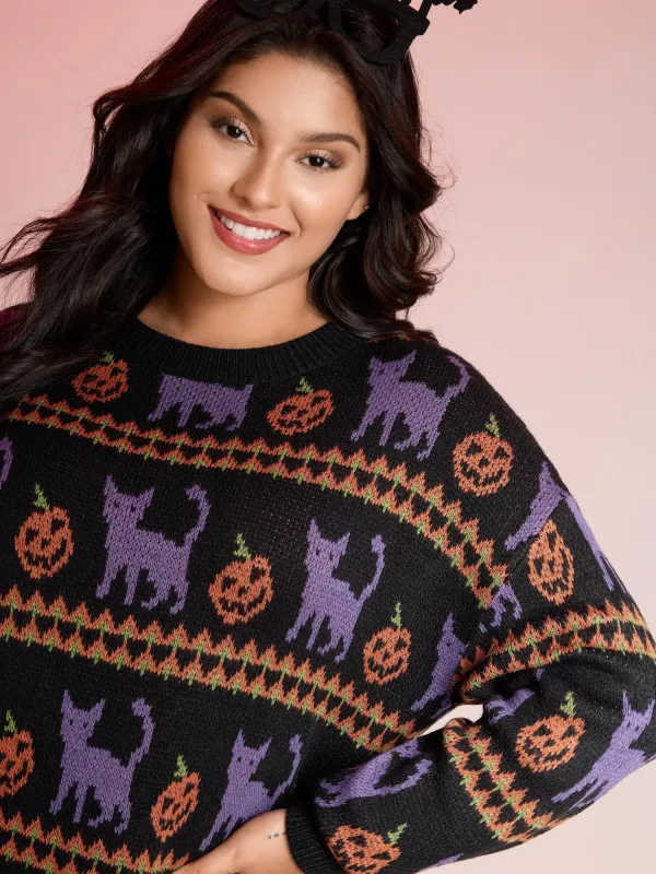 Cat Halloween Print Cozy Pullover sold by Bloomchic