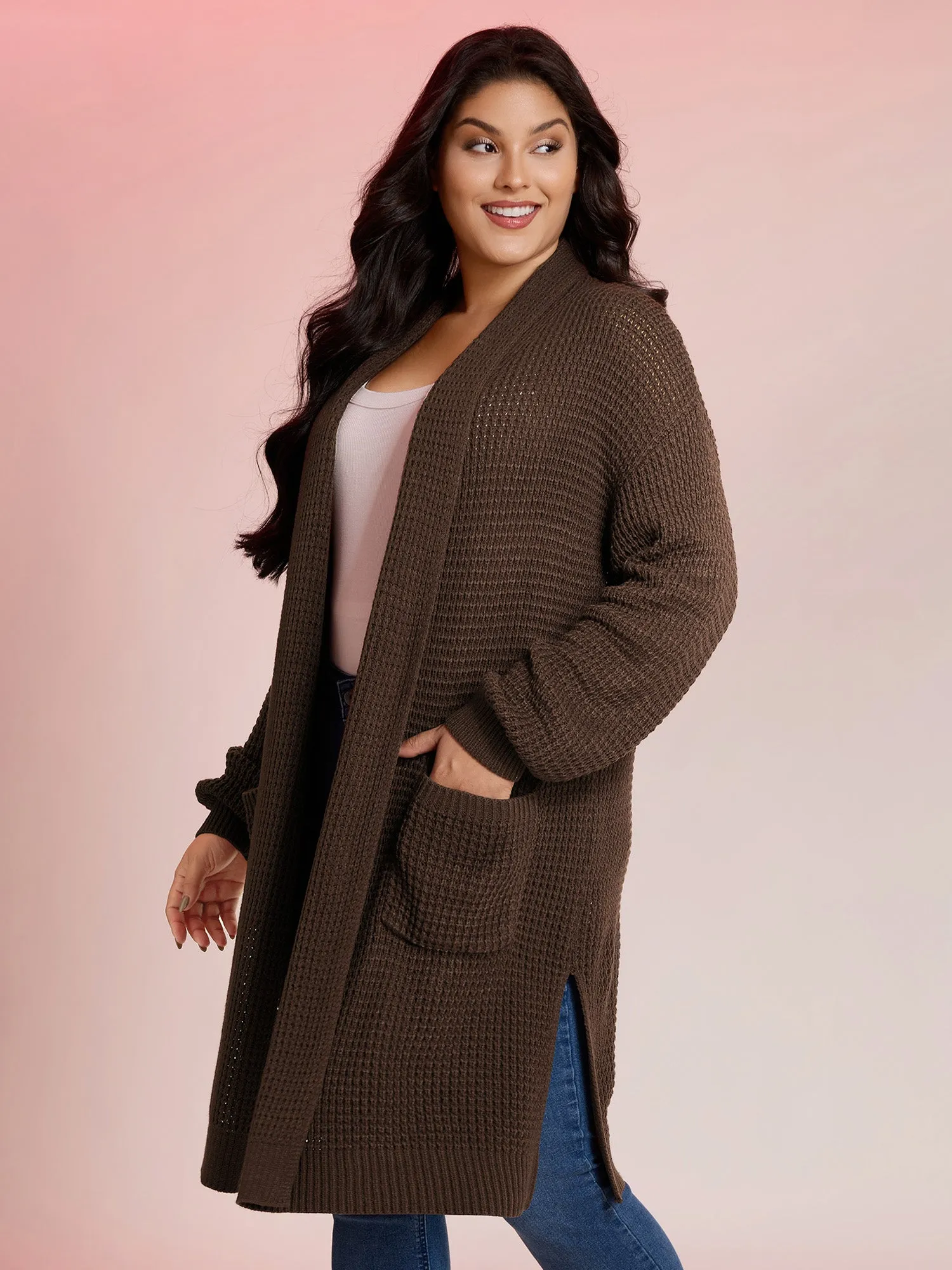 Folded Collar Pockets Slit Knit Cardigan sold by Bloomchic