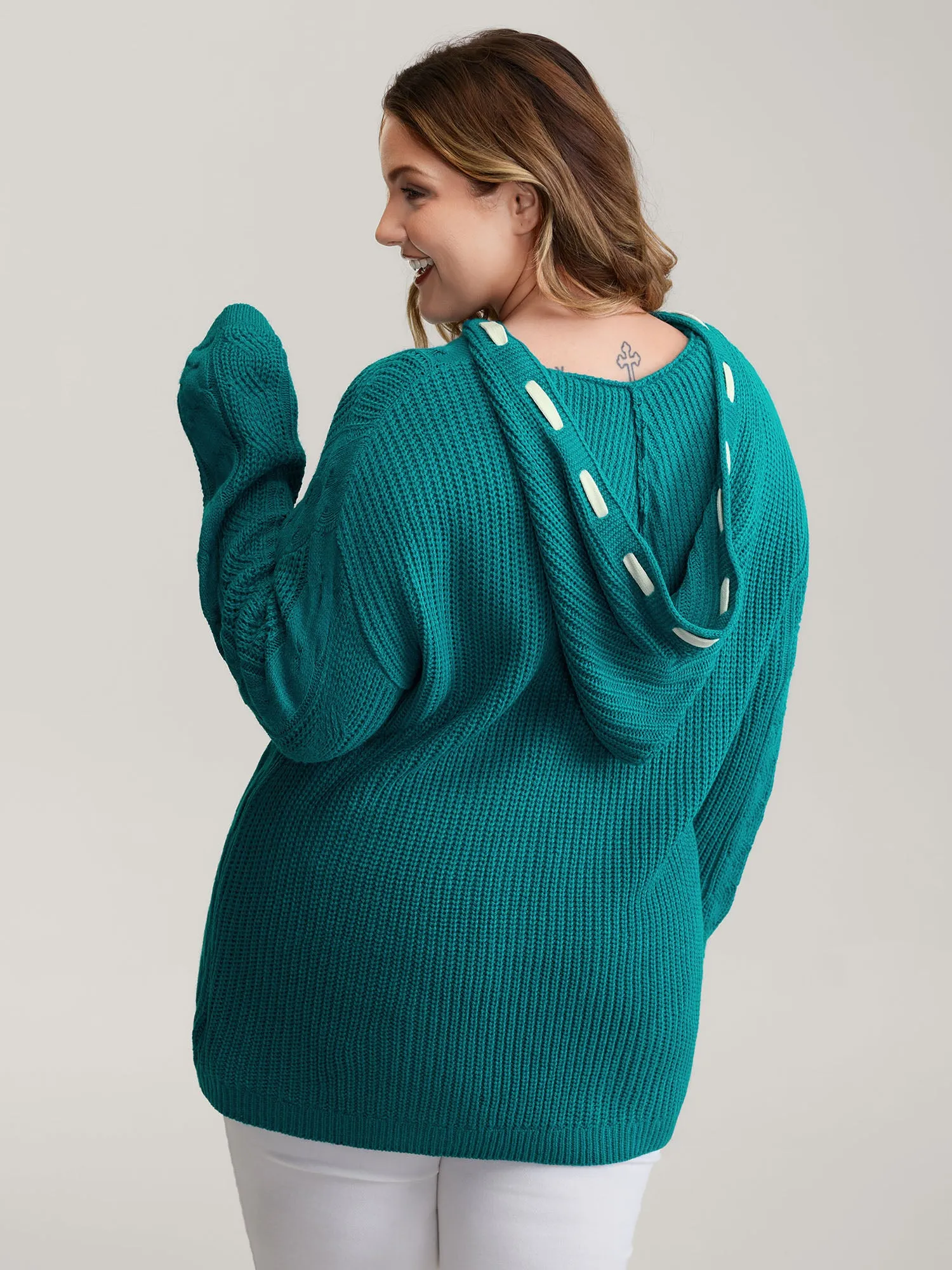 Cable Knit Hooded Solid Pullover sold by Bloomchic product image thumbnail 4