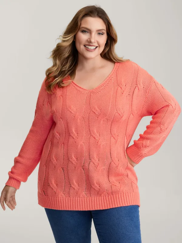 Cable Knit V-Neck Solid Pullover sold by Bloomchic