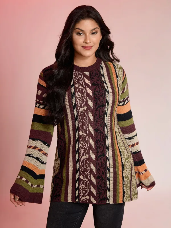 Boho Stripe Flared Sleeve Stretchy Pullover sold by Bloomchic