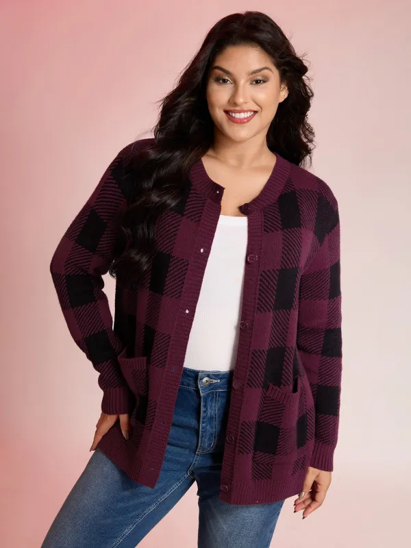Checkered Jacquard Buttons Pockets Knit Cardigan sold by Bloomchic