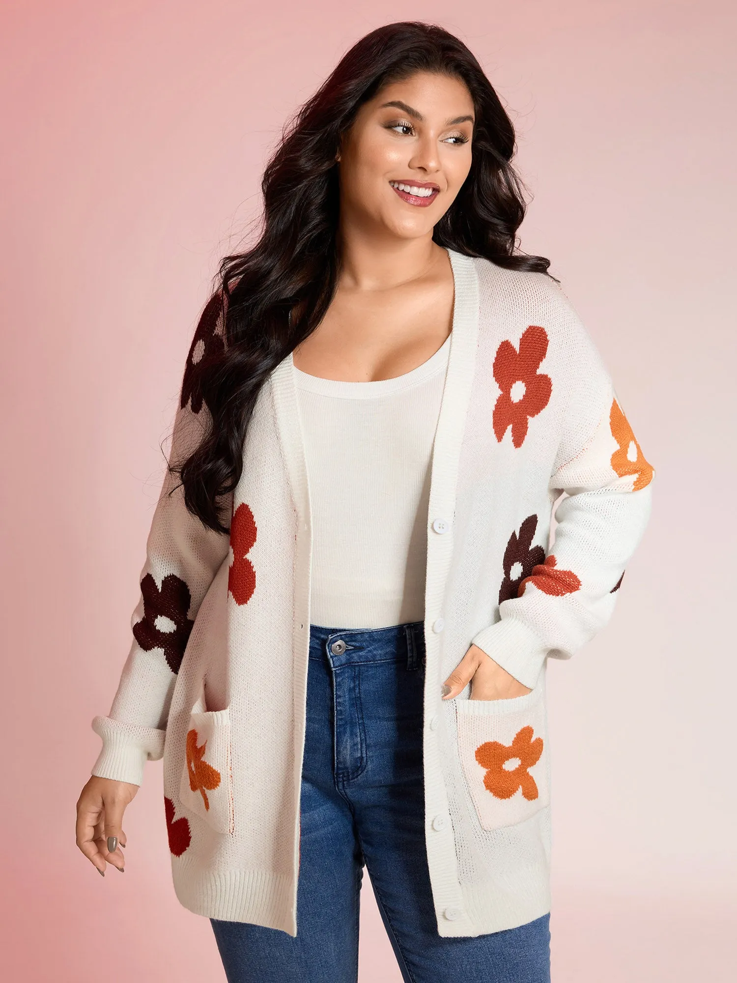 Floral Print Pockets Button-Front Knit Cardigan sold by Bloomchic