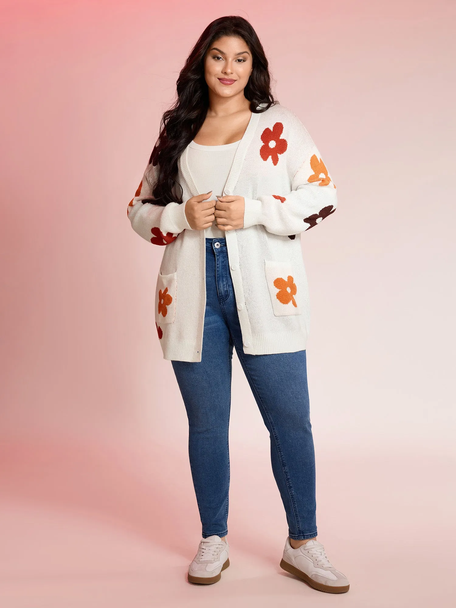Floral Print Pockets Button-Front Knit Cardigan sold by Bloomchic product image thumbnail 3