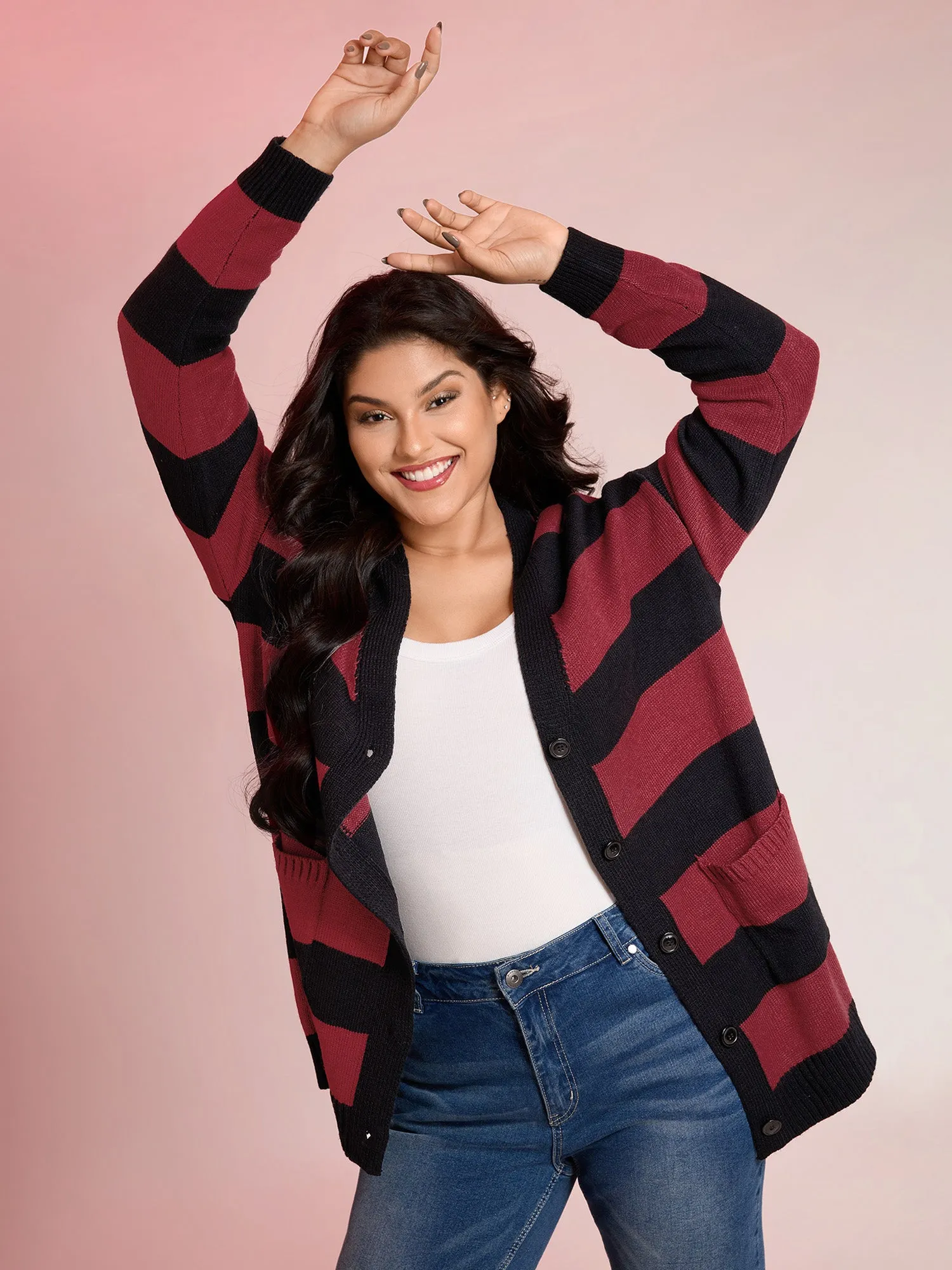 Colorblock Pockets Button Straight-Front Cardigan sold by Bloomchic